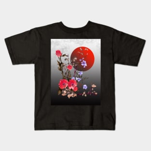 red watercolor sumiE flowers with a blood moon Kids T-Shirt